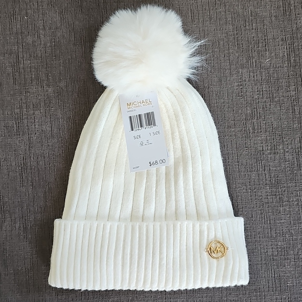 Michael Kors Women Cable Knit Cuffed Pom Pom Winter Beanie White hat w gold MK